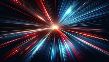 Poster - abstract light streaks in red and blue of rapid movement towards