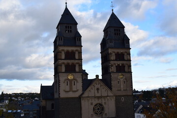 Poster - church twin towers in evening light