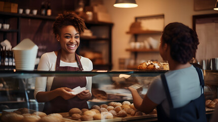 Wall Mural - A candid shot of a smiling female baker, offering exemplary customer service as she hands over the order