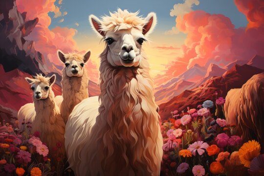 llama animal outdoor on the colorful meadow, art