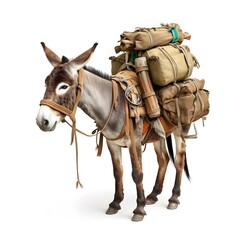 Wall Mural - Packed mule with luggage isolated on a white background, hardworking and sturdy animal, traditionally used for carrying heavy loads over long distances