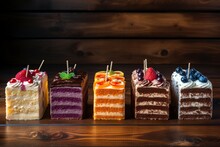 Various Pieces Of Cake With Berries On Wooden Background