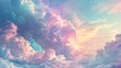 
The sky and clouds shimmer in rainbow colors, depicted in a beautiful landscape with a fantastical style reminiscent of pastel dreams.