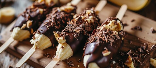 Sticker - Selective focus on chilled banana pops coated in chocolate.