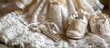 Orthodox christening clothes with baby girl baptism shoes and cross.