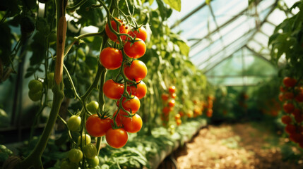 Ripe red tomatoes cluster in greenhouse. Vegetable on organic farm concept . Generative AI