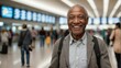 © Tom - Senior black man with a radiant smile and a casual style standing in an airport terminal, embodying the joy of travel and new experiences.