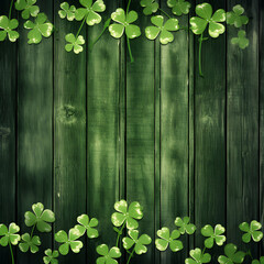 Green wood background with four leaf clover shamrocks around the border. A Saint Patrick's day theme. 