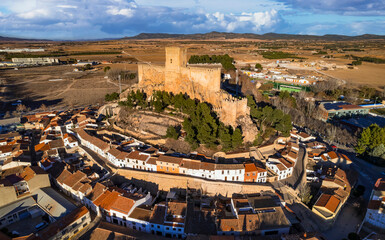 Sticker - Most impressive medieval castles and towns  of Spain,  Castile-La Mancha provice - Almansa, panoramic high angle view