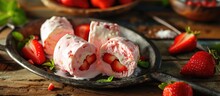Thai-style Stir-fried Ice Cream Rolls Made With Organic, Natural Ingredients Like Fresh Strawberries And Milk. Handcrafted Dessert Made On A Steel Chilled Pan.
