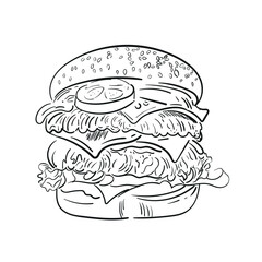 Wall Mural - Tasty hamburger hand drawn with contour lines on white background. Drawing of juicy burger or sandwich with meat, cheese and vegetables, delicious fast food meal. Monochrome illustration