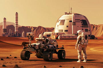 Wall Mural - futuristic human base on mars. mars rover and spaceman with cutting-edge design, mars bases and a ro