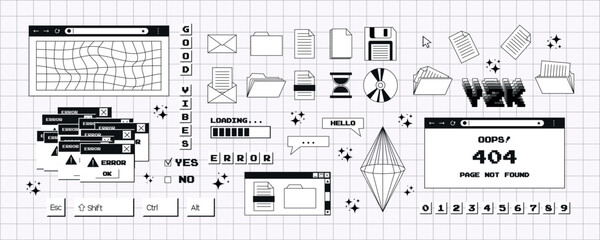 Aufkleber - Big set of stickers in a trendy y2k style in a monochrome palette. Old computer aesthetics from the 90s, 00s. Retro PC elements, user interface. Vector design elements for scrapbooking