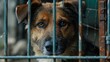 © Neuraldesign - Photograph featuring a sorrowful homeless dog, confined within a shelter cage. The concept of caring for animals, the problem of homeless animals.
