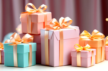 Colorful pastel gift boxes with ribbons on white blurred background. christmas, valentines day, birthday concept,