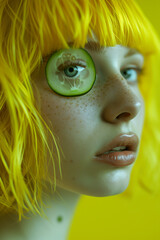 Wall Mural - A close-up of a woman with yellow hair, a single cucumber slice over her eye, set against a vibrant yellow backdrop. Beauty and wellness concept in minimalist fashion photography.