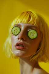 Wall Mural - A surreal portrait of a woman with yellow hair and cucumber slices over her eyes on a vibrant yellow background. Minimalist beauty concept with bold colors and playful details.