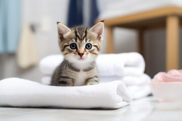 Charming Feline Amid Towel Games in a Sleek Bath Space