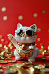 Funny cat wearing sunglasses on a red background surrounded by gold coins