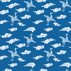 Aufkleber - Traditional Japanese motif with cranes and clouds. For printing, textiles, cups, notepads, clothing, packaging, seamless materials.