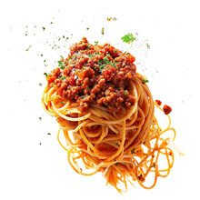 Food Photo Of Delicious Spaghetti Bolognese Flying In The Air, Isolated On White Transparent Background, PNG, Ultra Realistic