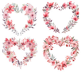Wall Mural - Flower heart wreaths - watercolor Valentines Day set