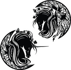 Wall Mural - mythical unicorn and pegasus horse with moon crescent ornament, rose flowers and butterflies - magic stallion black and white vector design set