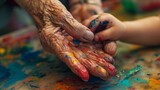 Fototapeta  - Tiny fingers trace weathered lines on a grandparent's hand, bridging the gap between ages through shared laughter and a colorful paintbrush.