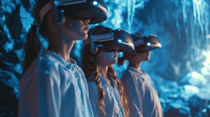 a group of children immersed in virtual reality headsets, their avatars soaring through fantastical 