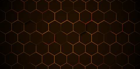 Poster - Abstract black and orange background with hexagons. Honeycomb shiny background. abstract technology mash background hexagons concept innovation vector illustration. for poster or banner., cover.