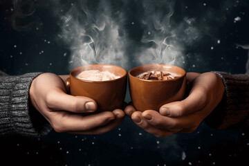 A tight shot of fingers grasping a hot mug of foam adorn, holding a hot cup of coffe, hot chocolate, mug with hot chocolate in Christmas 
