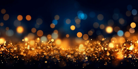 Dark blue gradient background with stars and circles in gold color in bokeh effect.Glitter luxury gold. The background for the holiday.