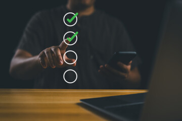 Poster - Quality control, Checklist Steps Quality Selection with Quality Assurance improvement. Compliance to regulations products, service and standards. Inspection, QA, QC, Standardization, certification.