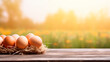 Homemade chicken eggs against the background of a field. Selective focus.