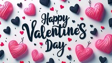 Valentine's greeting background design. Happy valentine's day text with elegant hearts decoration for valentine card. illustration. Pink colorful hearts flat lay against white background. mp4