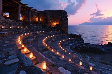 Wall Mural - Open-air amphitheater at dusk, stone-built, ancient Greek style, audience seats filled with glowing lanterns