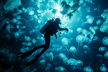 Wall Mural - scuba diver swimming amidst a bloom of jellyfish, bioluminescence adding magical illumination