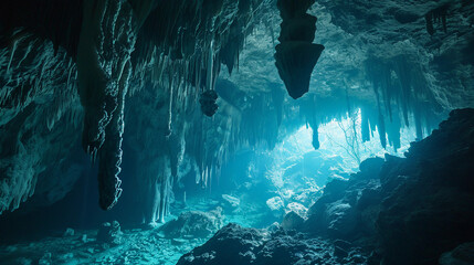 Wall Mural - scuba diving in an underwater cave, stalactites hanging from the ceiling, luminescent glow worms pro