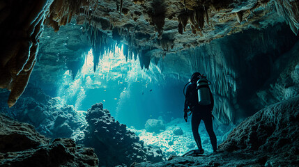 Wall Mural - scuba diving in an underwater cave, stalactites hanging from the ceiling, luminescent glow worms pro