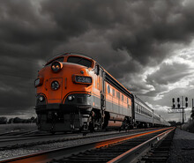 Vintage Locomotive On Stormy Track