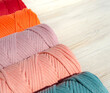 Colored skeins of cord for weaving macrame close-up.