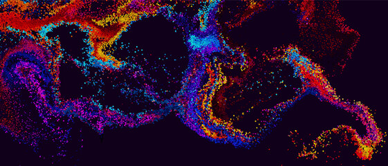 Wall Mural - Chaotic motion of small colorful particles. Colorful gradient dots randomly flowing and swirling in liquid stream. Abstract dynamic circles background for banner, flyer, poster. Vector Illustration