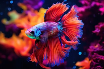  a close up of a red and blue fish in a tank with other colorful fish in the water behind it.