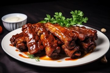 Wall Mural -  a white plate topped with ribs covered in sauce and garnished with parsley next to a small bowl of ranch dressing.