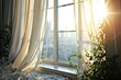 Translucent white curtains sway in the sunlight on the sill of a luxurious window overlooking the morning city.