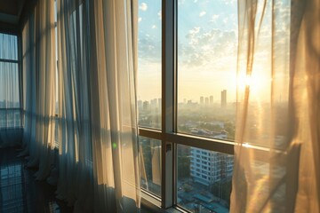 Wall Mural - Beautiful view from the window of the city through white translucent curtains at sunset.