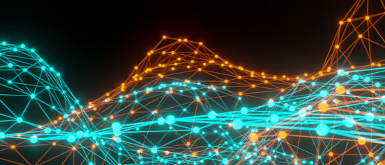 Polygon network in blue and orange. Abstract plexus, science, conections, wire, system and digital, geometry.