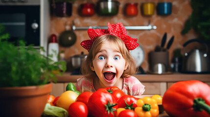 Wall Mural - A girl screams in the kitchen around vegetables