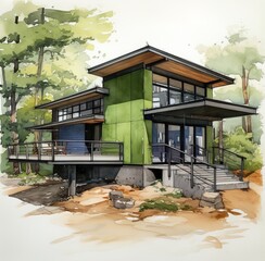 Modern green house in the woods