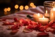  a couple of candles sitting on top of a table next to a vase filled with rose petals on top of a table.